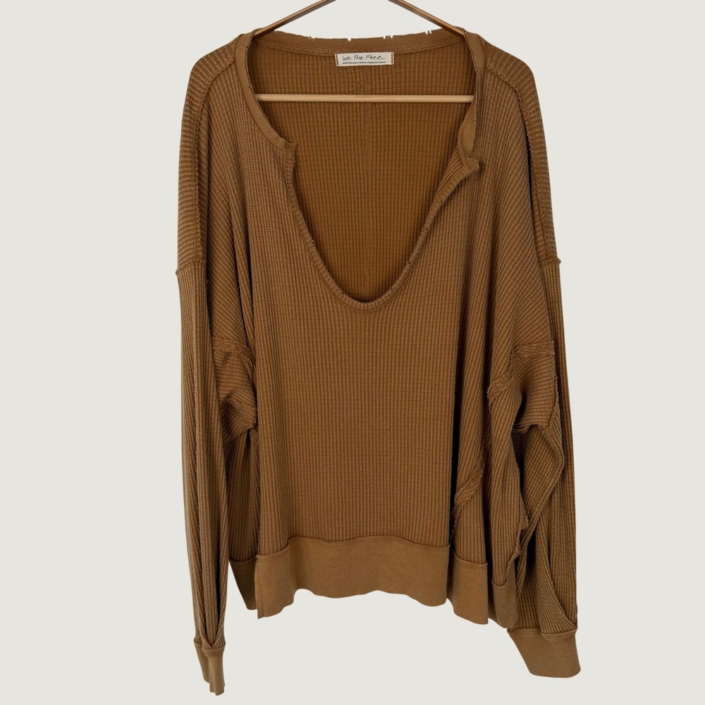 We The Free People Coraline Thermal Caramel Brown Waffle Knit Deep V-Neck Top M